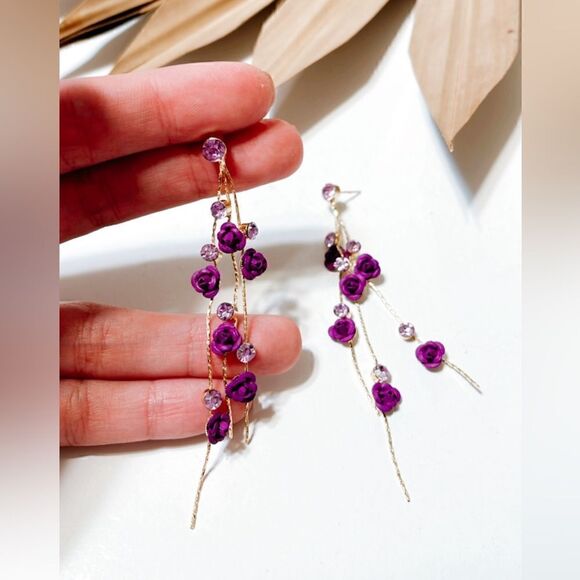 Purple flower drop earrings S293 - Picture 3 of 4